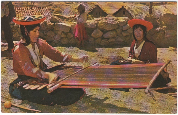 Peruvian Lady weaving with Backstrap Loom Postcard